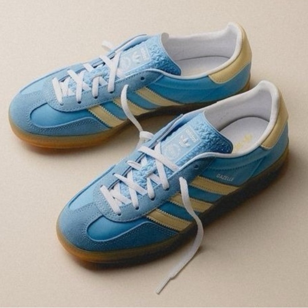 NWT Adidas Gazelle Indoor Sneakers in Semi Blue Burst, Almost Yellow, & White